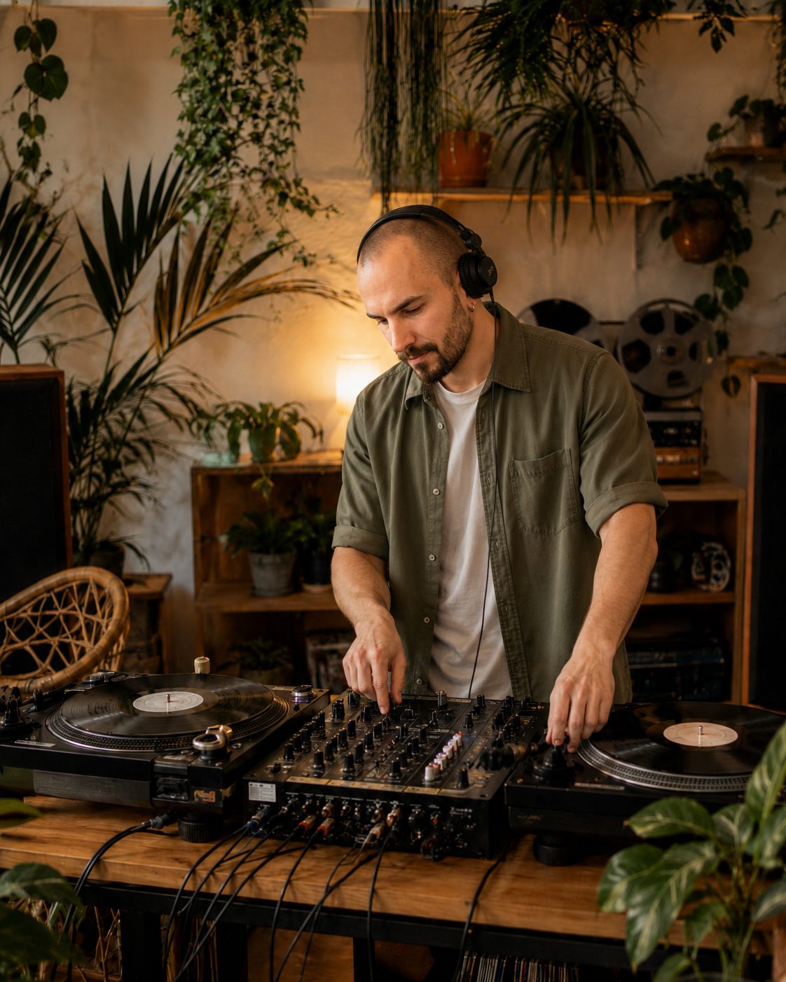 Domi performing a vinyl DJ session in a plant-filled room
