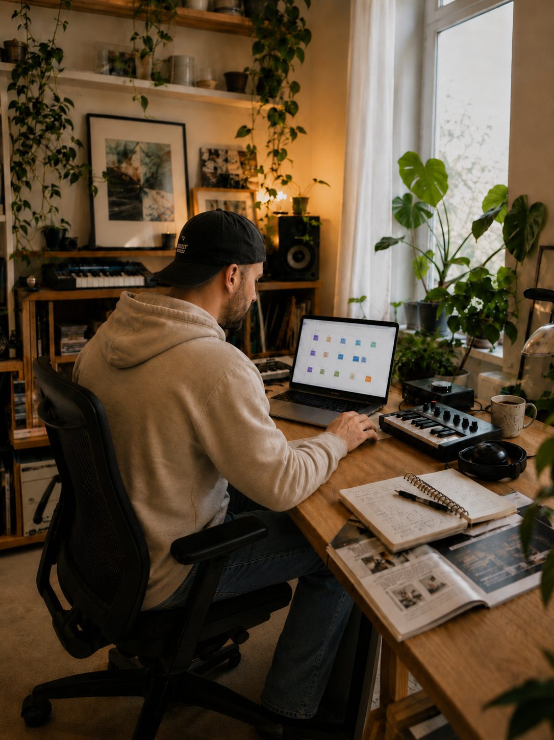 Domi working on digital strategy at a laptop in a warm creative studio