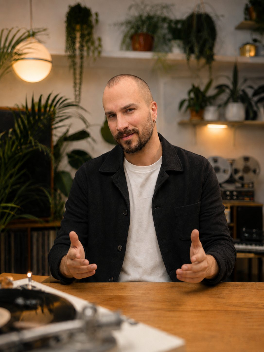 Domi presenting a release update in a warm home studio setting