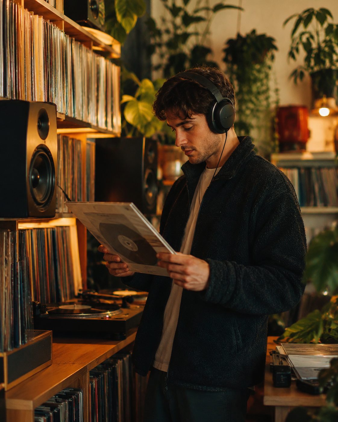 Music news visual with a person holding vinyl in a warm listening room
