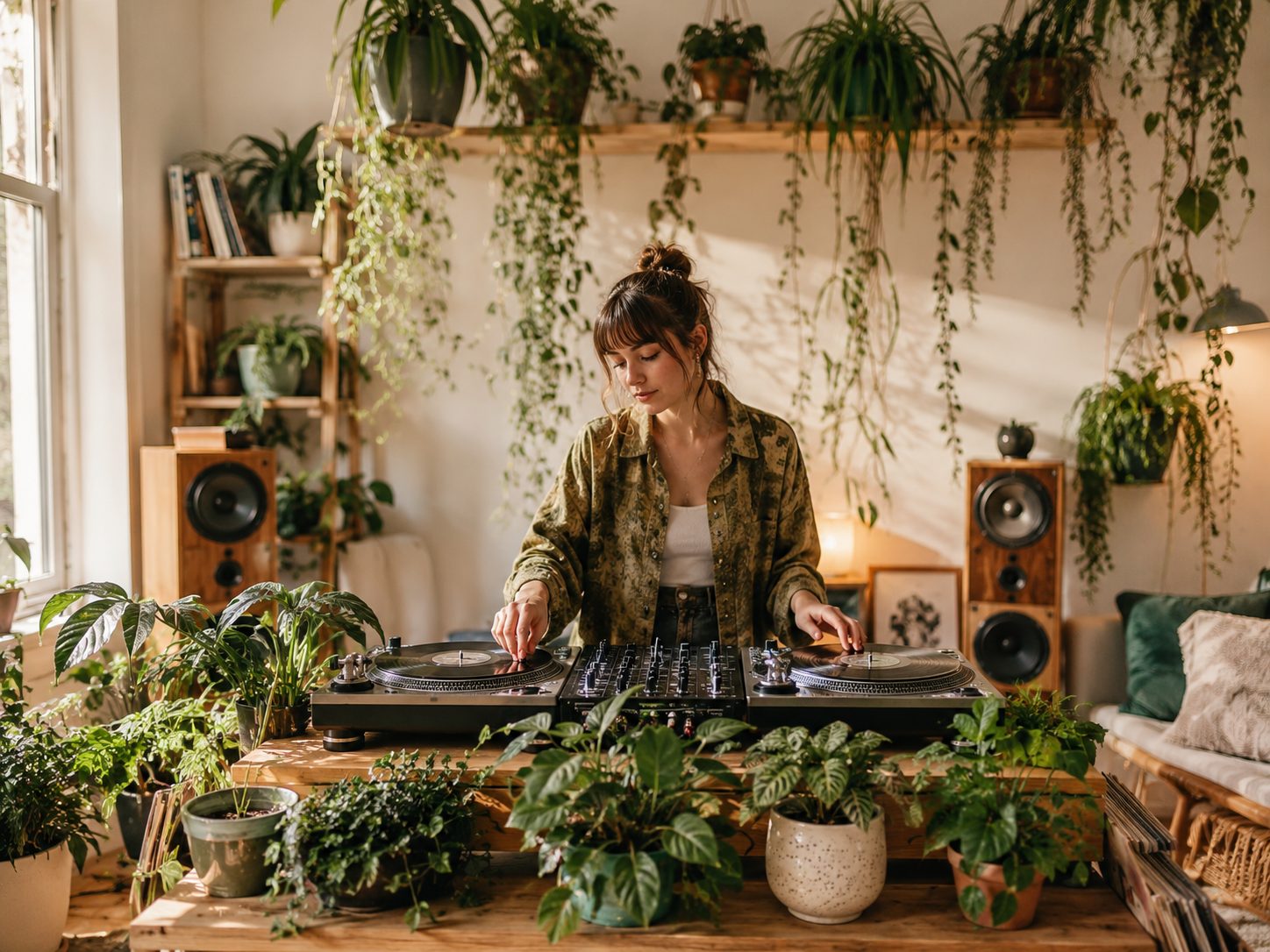 Woman DJing in a plant-filled room with warm purpose-led atmosphere